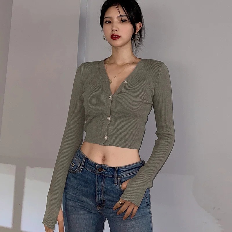 Nomikuma Spring New Cropped Cardigan Korean Long Sleeve V-neck Knitwear Coat Sexy Slim High Waist Short Crop Sweater 6G586 210427