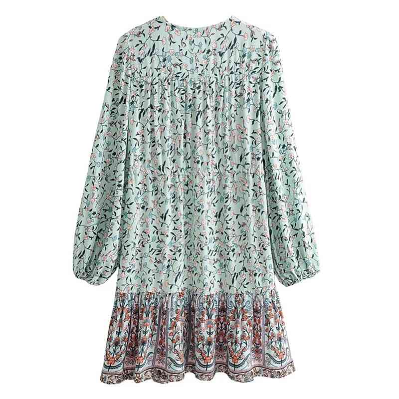 Bohemia V neck Location Floral Print Lantern Long Sleeve Short Dress Hippie Woman Adjustable Lacing up Waist Holiday Dresses 210429