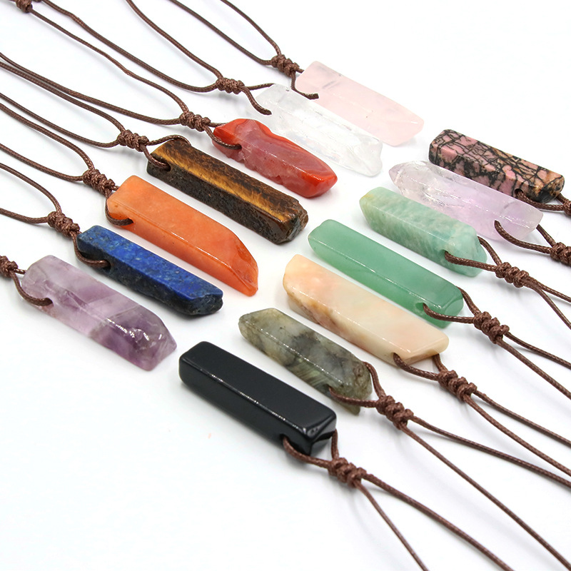 Natural Stone Crystal Pendants Necklace Irregular Braided Rope Chain Amethyst Pink Crystal Healing Chakra Jewelry for Women Men
