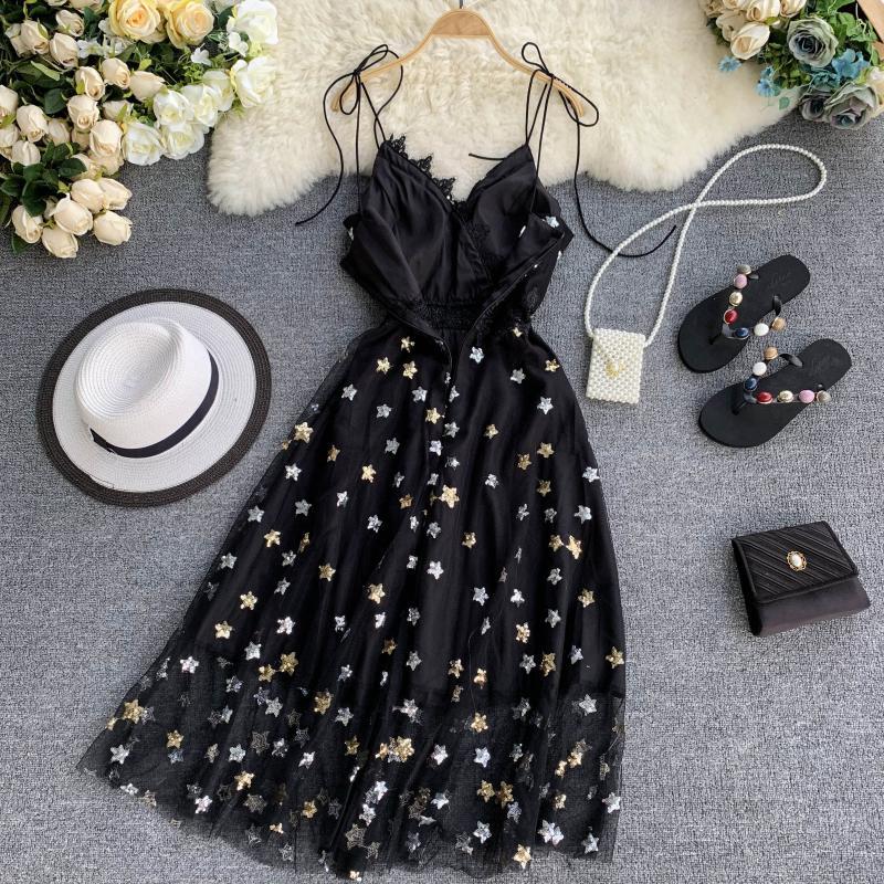 Vintage Party Dress Mesh Lace Sequined A-line Sexy Dresses Summer V-neck Stars Vestidos Zipper Clothing 210521