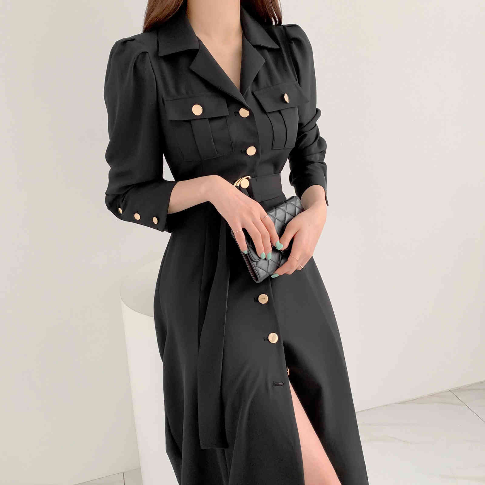 Fashion Spring Korea Shirt Dresses Women's Long Sleeve Office Lady Slim With Belt A-Line Female Dress Robe 210520