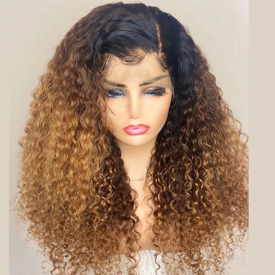 Synthetic Lace Closure Wig Afro Kinky curly Long Ombre light brown Hair Natural Style 18Inch For Women