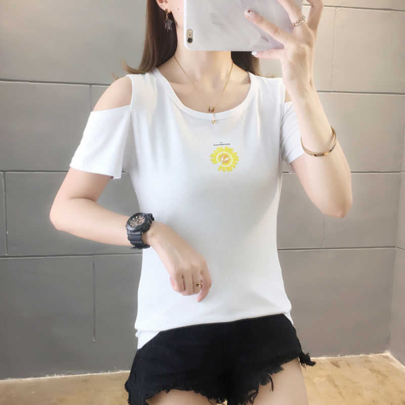 Floral Print T Shirt Slim Hole T- Women Clothes Summer Off Shoulder Tops Short Sleeve Tshirt Cotton Tee Femme 210615Z