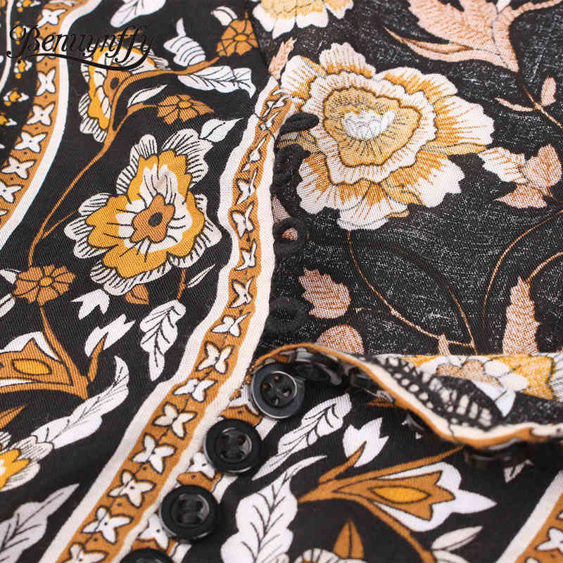 V-neck Floral Print Button Women Bohemian Dresses Vacation Casual Summer Short Sleeve Split Swing Long Dress 210510