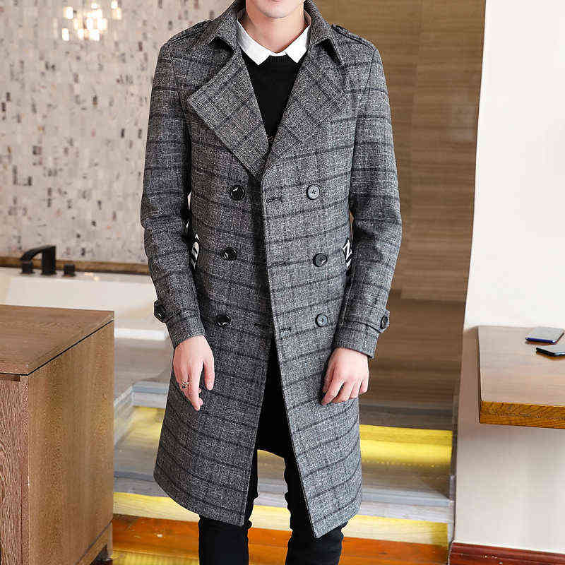 Winter Woolen Coat Jackets Men Casual Slim Long Mens Wool Trench Coat Double-breasted British Style Plaid Outwear Windbreaker