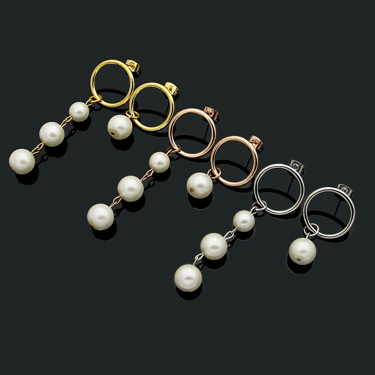fashion Stainless steel asymmetrical three pearl earrings women's circle earrings