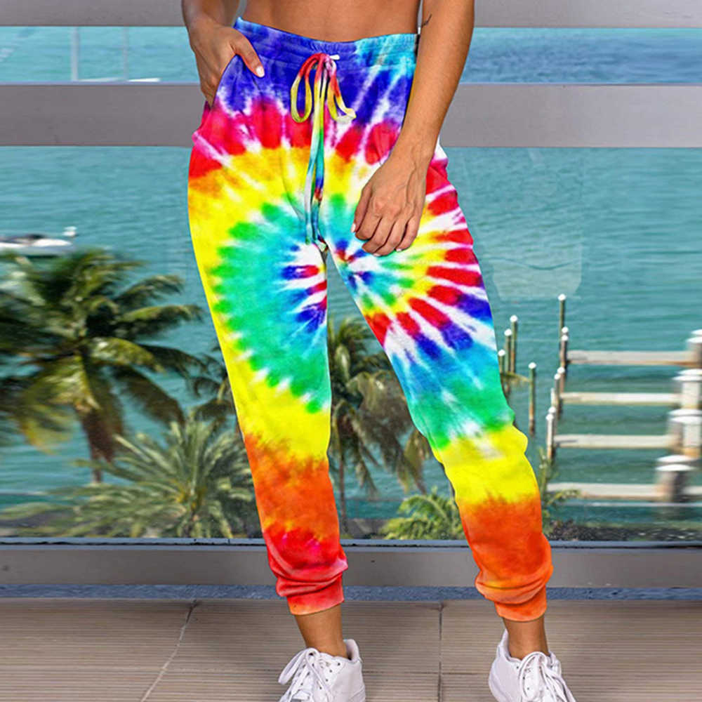 Women Pants Tie Dyeing Print Chic Wide Leg Summer Casual Beach Party Wear Boho High Waist Femme Pantalons 210604