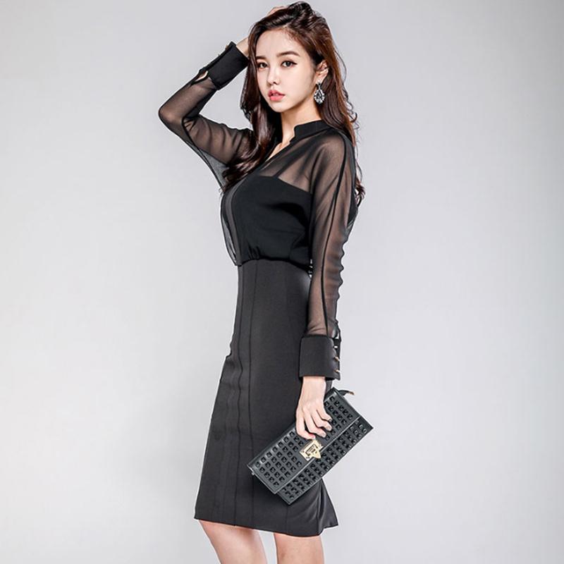 Casual Dresses Elegant Chiffon Patchwork V-neck Black Pencil Dress Women Autumn Spring Hollow Out OL Office Wear Sheath Bodycon Vestido