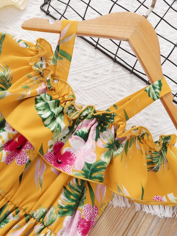 Toddler Girls Tropical Print Cold Shoulder Ruffle Trim Dress SHE