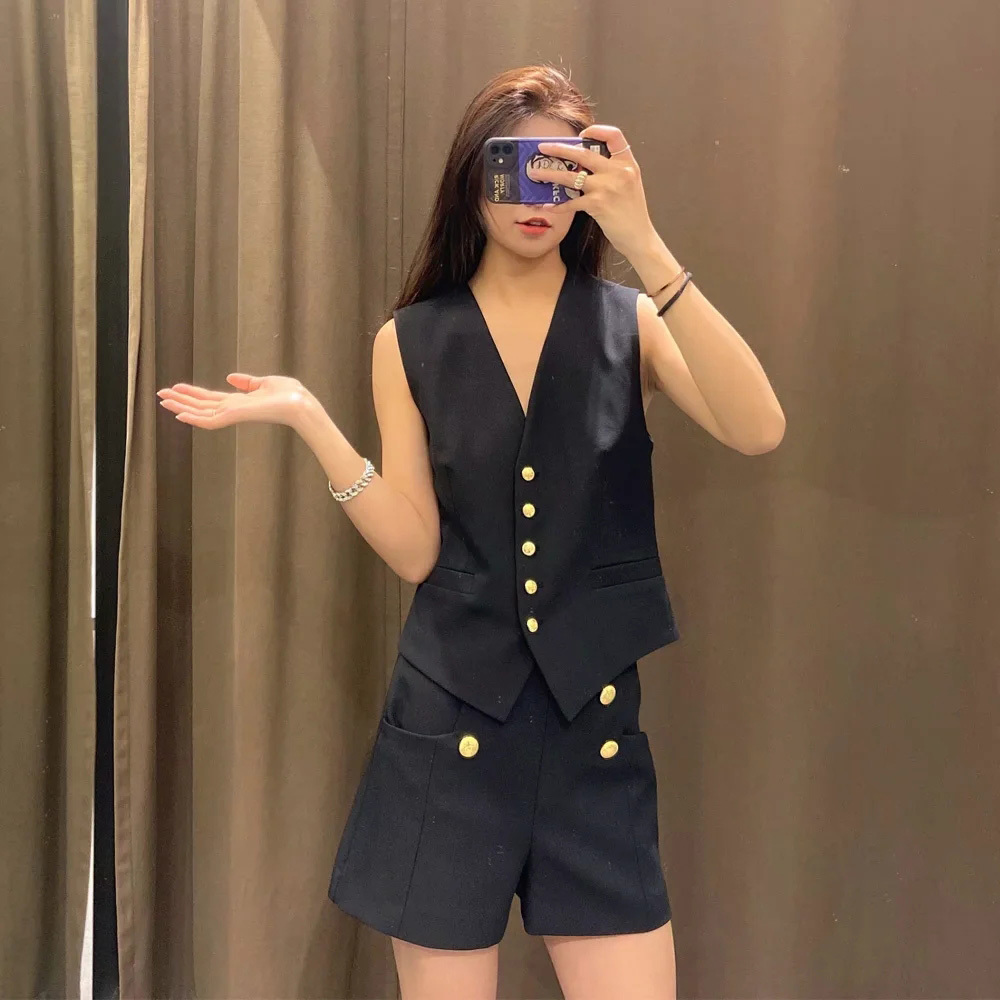 BBWM Simplicity Summer Preppy Style Female Western All-Match V-neck Buckle Vest Women's Clothing 210520