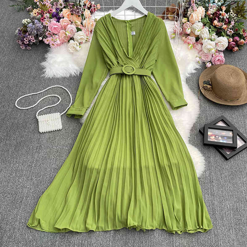 Nomikuma Korean Pleated A-line Elegant Long Dress Belt Slim Waist V-neck Long Sleeve Vestidos Spring New Women Dresses 6G176 210427