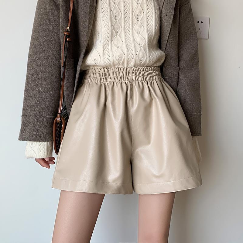 Nomikuma PU Leather Women Shorts Causal Solid Stretch High Waist Bottom Spring New Wide Leg Short Feminimos 6E047 210427