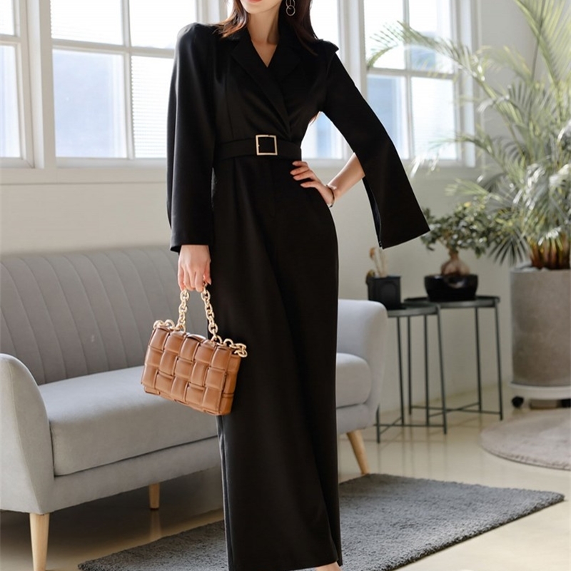 High Quality Spring Fashion Women's Romper Split Long Sleeve Notched Overalls Office OL Slim Wide Leg Jumpsuits 210519