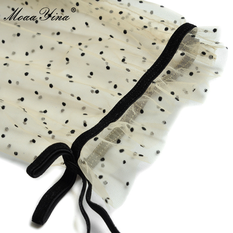 Fashion Runway Summer Elegant Party Dress Women polka dot Print Short sleeve Gorgeous Lace Splicing Mesh Midi 210524