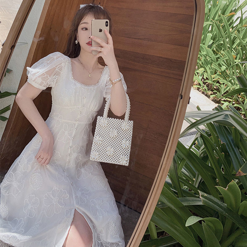 Summer French Vintage White Dress Women Chiffon Square Collar Elegant Embroidery Fairy Lace Dress Korean 210521