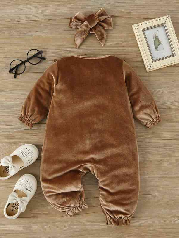 Baby Glitter Star Ruffle Trim Velvet Jumpsuit With Headband SHE