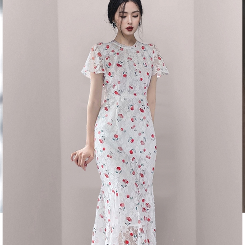 Summer Elegant O-neck Cherry Print Women Dress Short sleeve Slim Bohemia Lace es A-Line Ladies Wrap Vestidos 210520
