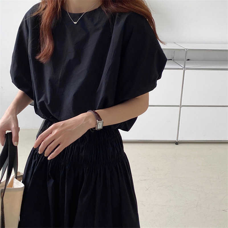 Alien Kitty Chic Summer Loose Vintage Sweet Brief Blouses+ Loose Thin A-Line Solid Skirts All Match Two Piece Sets 210708