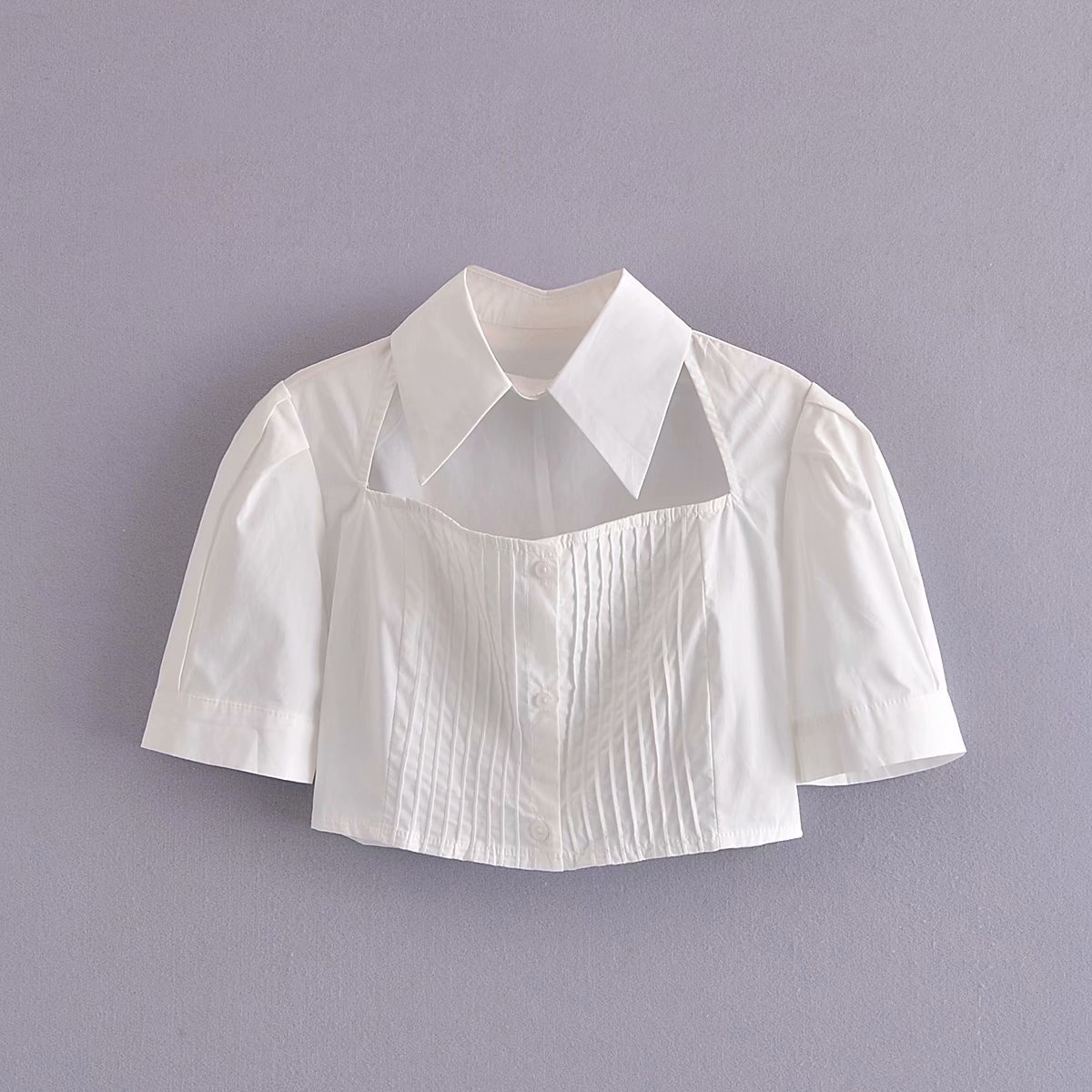 Women Fashion Solid Single Breasted Cotton Crop Top Turn-Down Collar Elegant Pleated Short Shirt Summer Short Sleeve Outwear 210521