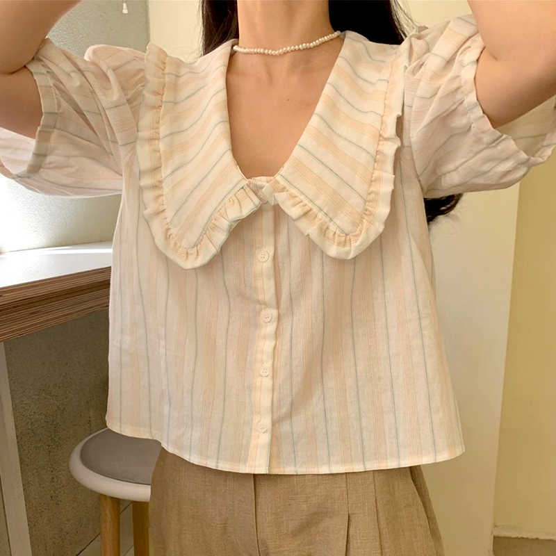 Korejpaa Women Shirt Korea Summer Gentle Elegant Doll Collar Striped Single-breasted Loose Joker Bubble Sleeve Blouse Top 210526