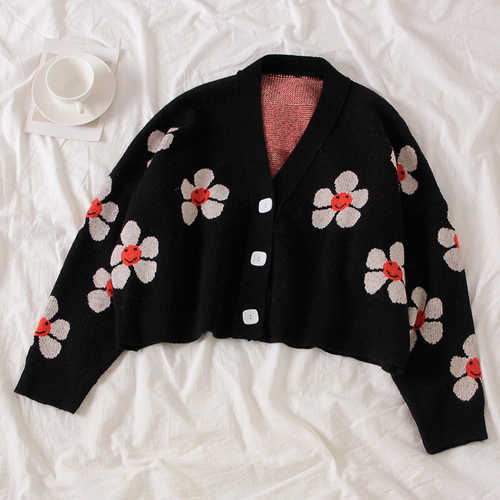 Preppy Style Flower Knit Cardigans Sweater Women V Neck Loose elegaht Thicked Pull Femme Print Short Casual Coat 565 211011Z