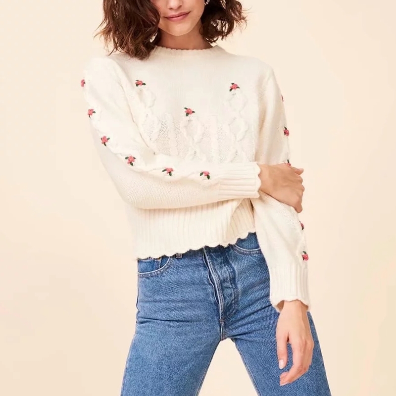 Women Cropped Cable Knit Jumper With Embroidery Floral Lady Sweater 210512