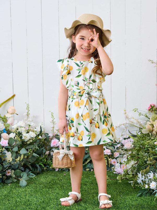 Toddler Girls Lemon & Floral Print Ruffle Trim Belted Dress SHE