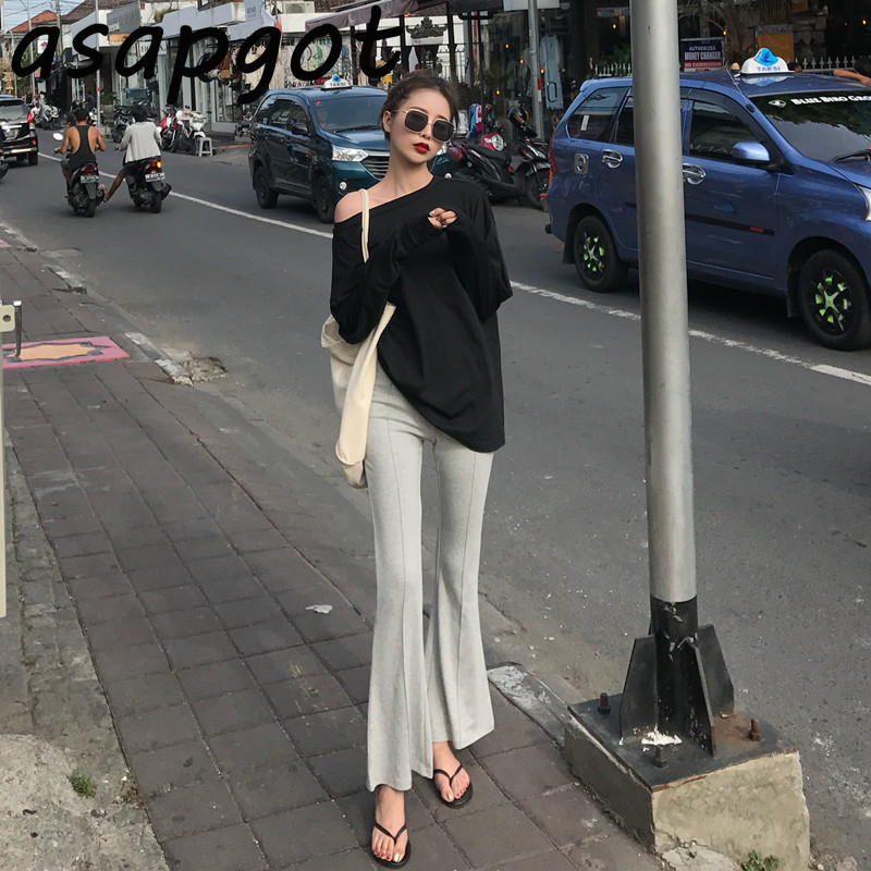 Pants & Capris Slim High Waist Cotton Grey Flare Women Casual Black Wild Mujer Pantalones Streetwear Drop 210429