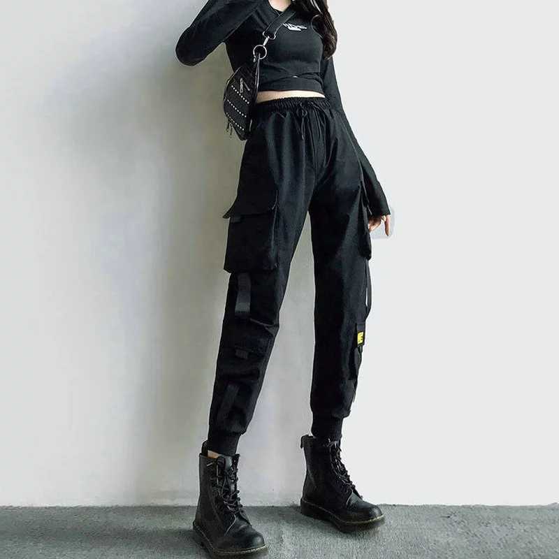Women's Cargo Pants Black Ribbon Pocket Jogger Elastic Waist High Streetwear Harajuku Pant Punk Females Trousers Harem Pants Y0811