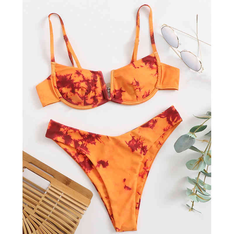 MYTENG Tie-dye 2 Piece Set Bikini V-neck Swimming Suit For Women Low Waist Push Up Swimsuit Underwire Swimwear Thong Biquini 210522