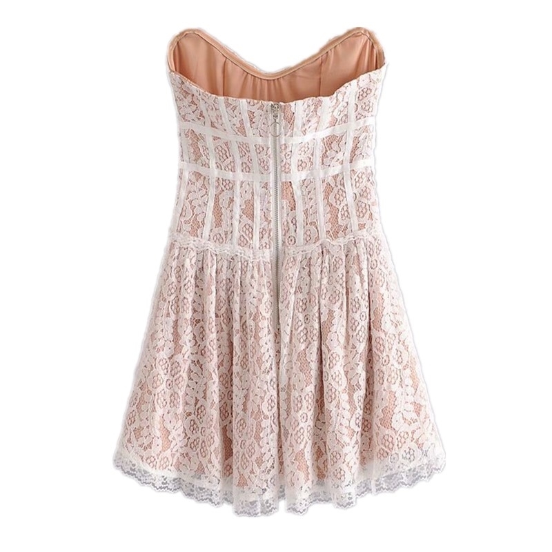 Sexy Strapless Women Lace Dress Bow Front V neck Fit and Flare Party Mini Dresses With lining 210429