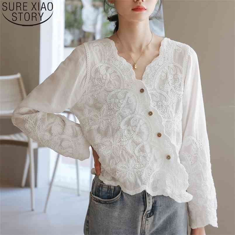 Casual tops V-Neck Button Women Shirts Cotton Floral Embroidery Blouse Solid white Long Sleeve Female Clothing 13332 210506