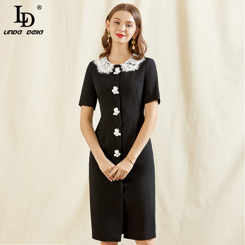 Fashion Runway Summer Dress Women Short Sleeve Flower Button Beading white Lace Patchwork Slim Ladies Black 210522