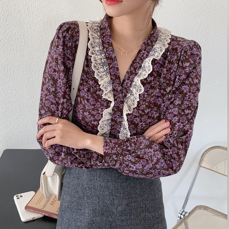 Nomikuma Floral Women Shirt Korean Sweet Lace Ruffle Patchwork Top Blouses New Single Breasted Blusas Feminimos Mujer 6D564 210427