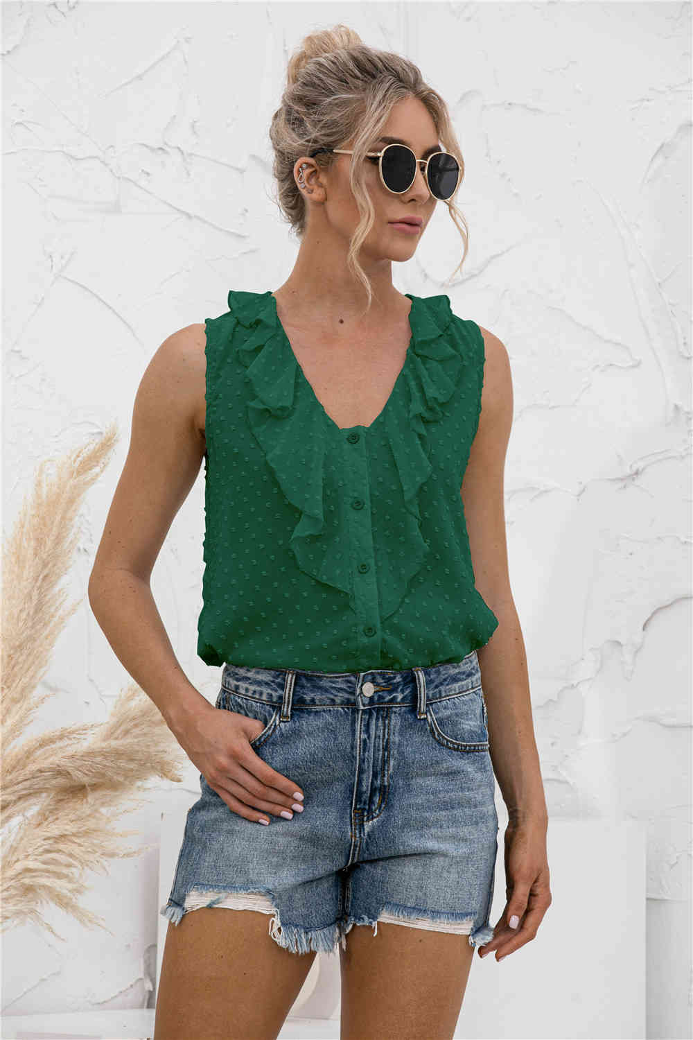 Summer Solid Ruffle Tank Tops Women Sleeveless Tee Dot Printed V Neck Button Female Vest Casual Loose Chiffon Tshirt 210522