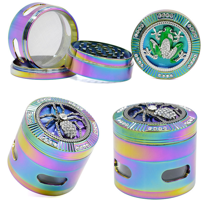 63mm Smoking Accessories 4 Layers Iceblue Rainbow Color Zinc Alloy Diamante Spider Skull Frog Shape Herb Grinder Tobacco Crusher
63mm Smoking Accessories 4 Layers Iceblue Rainbow Color Zinc Alloy Diamante Spider Skull Frog Shape Herb Grinder Tobacco Crusher