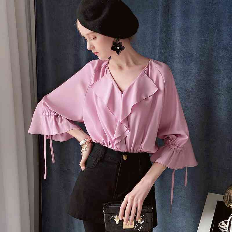 Dabuwawa Vintage Pink Ruffle Sleeve V Neck Blouse Top Modern Lady Women Elegant Wrap Hem Blouses Shirts Female DO1AST049 210520