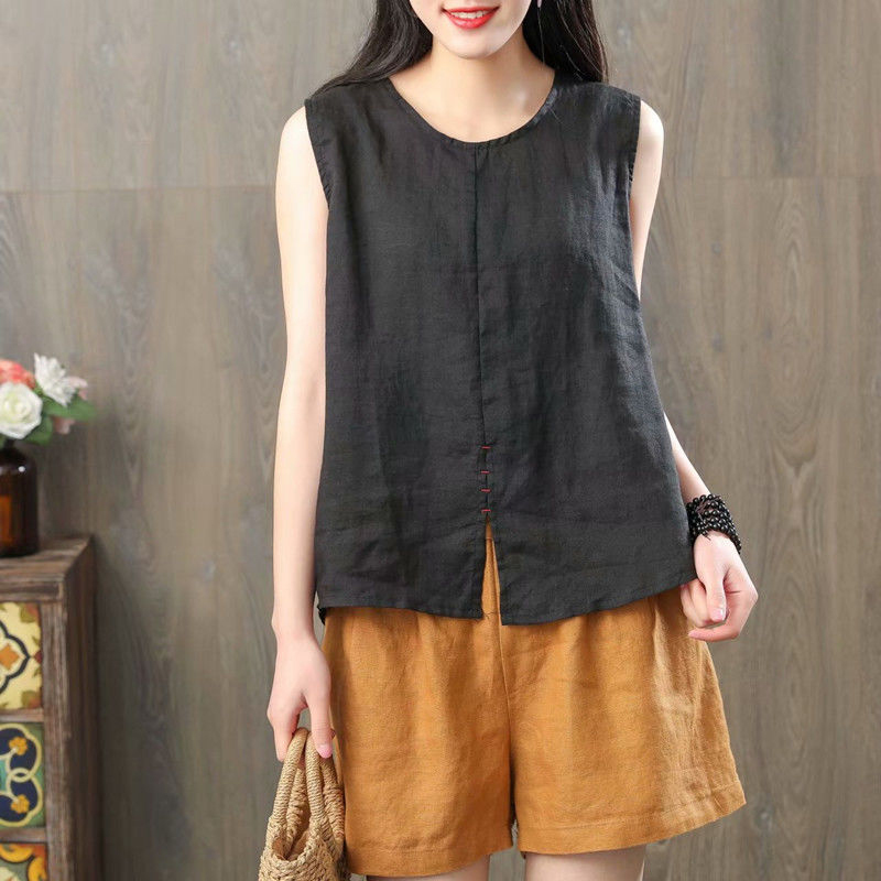 Summer Arts Style Women Solid Sleeveless Tank Top Loose Cotton Linen Femme Allmatched Casual Basic Tops S985 210512