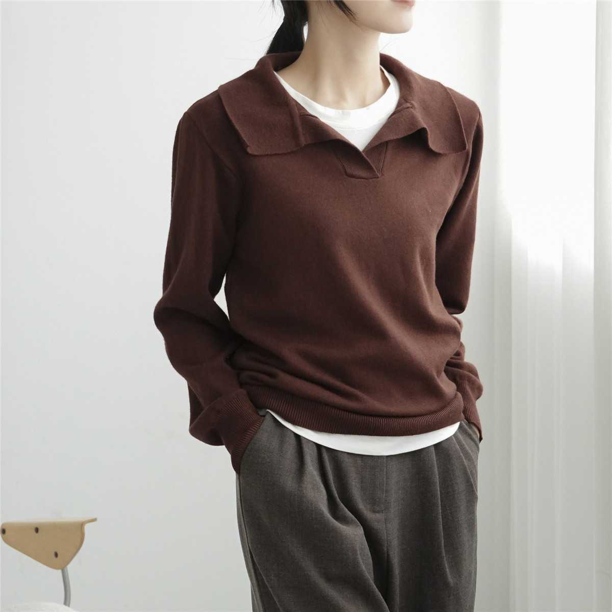 Autumn Casual Lapel Knitted Long Sleeve Top Women's Jumper Solid Color V-Neck Pullovers Sweater Female Clothing 211011Z