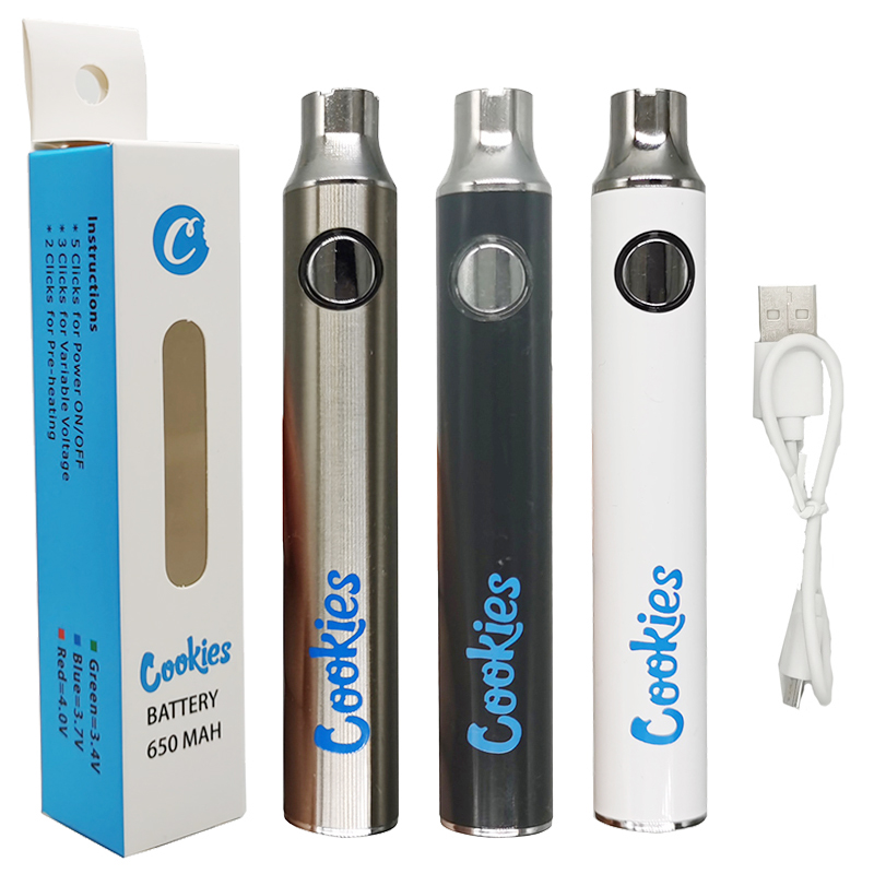 Cookies Vape Cartridges Battery 650mAh 510 Thread White Black Silver Preheating Vapes Pen Battries Adjustable Voltage with USB Charger and Packaging
Cookies Vape Cartridges Battery 650mAh 510 Thread White Black Silver Preheating Vapes Pen Battries Adjustable Voltage with USB Charger and Packaging