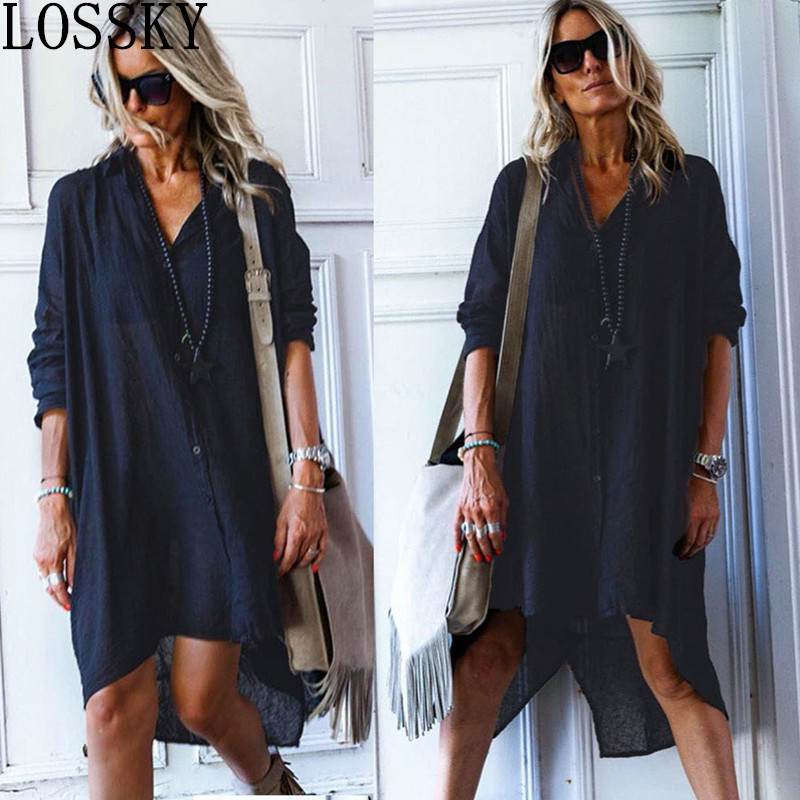 Women Loose Solid Midi Ladies Office OL Shirt Dress Casual Blue Button Long Sleeve Lapel Summer Autumn Vestidos 210507