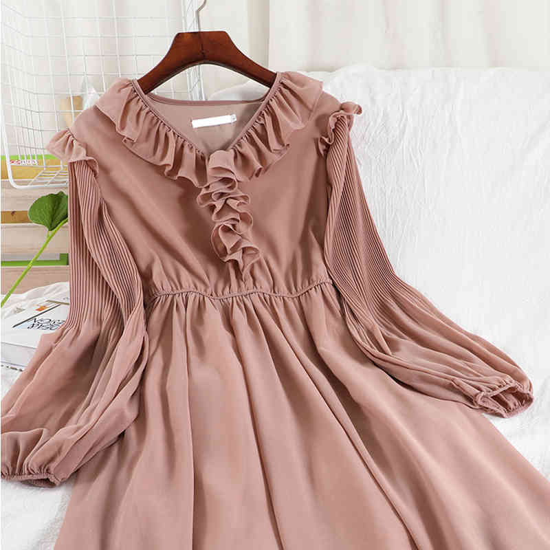 LoveFlowerLife Spring Autumn Casual Solid Lady Party Dress A Line V Neck Full High Waist Mid Calf Women Dresses 210521