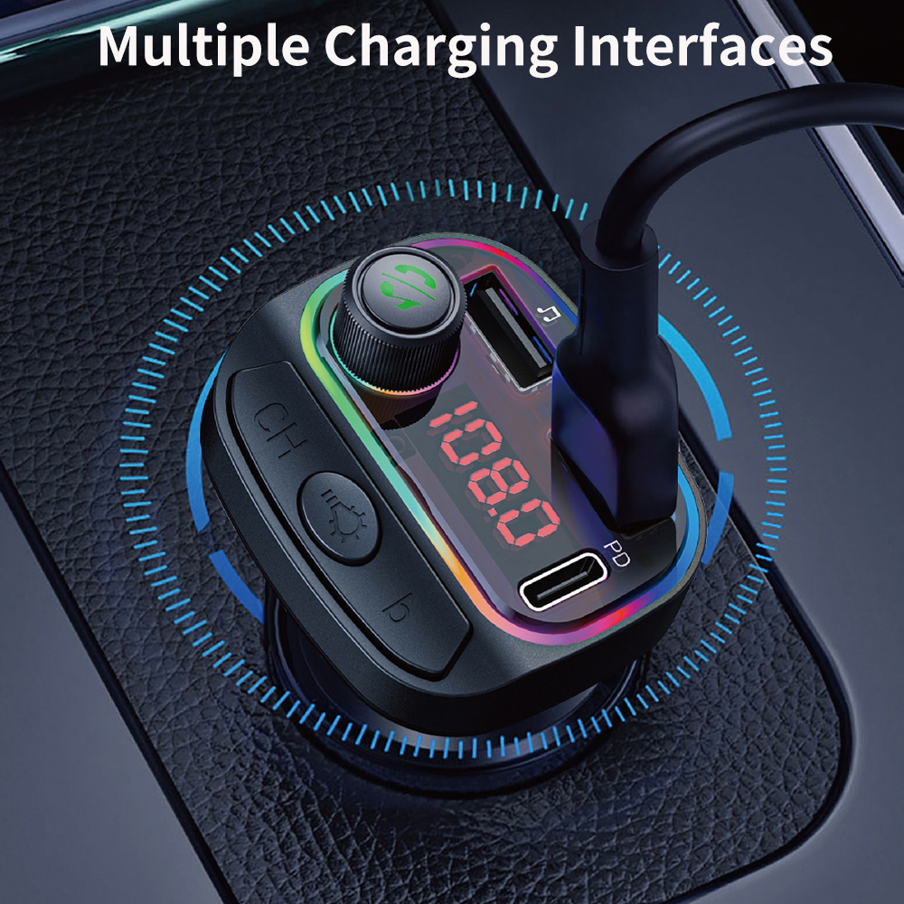 Bluetooth 5.0 FM Transmitter Car MP3 Player Wireless Handsfree Car Kit for Phone QC3.0+18W PD Quick Charger RGB Breathing Light U Disk Music