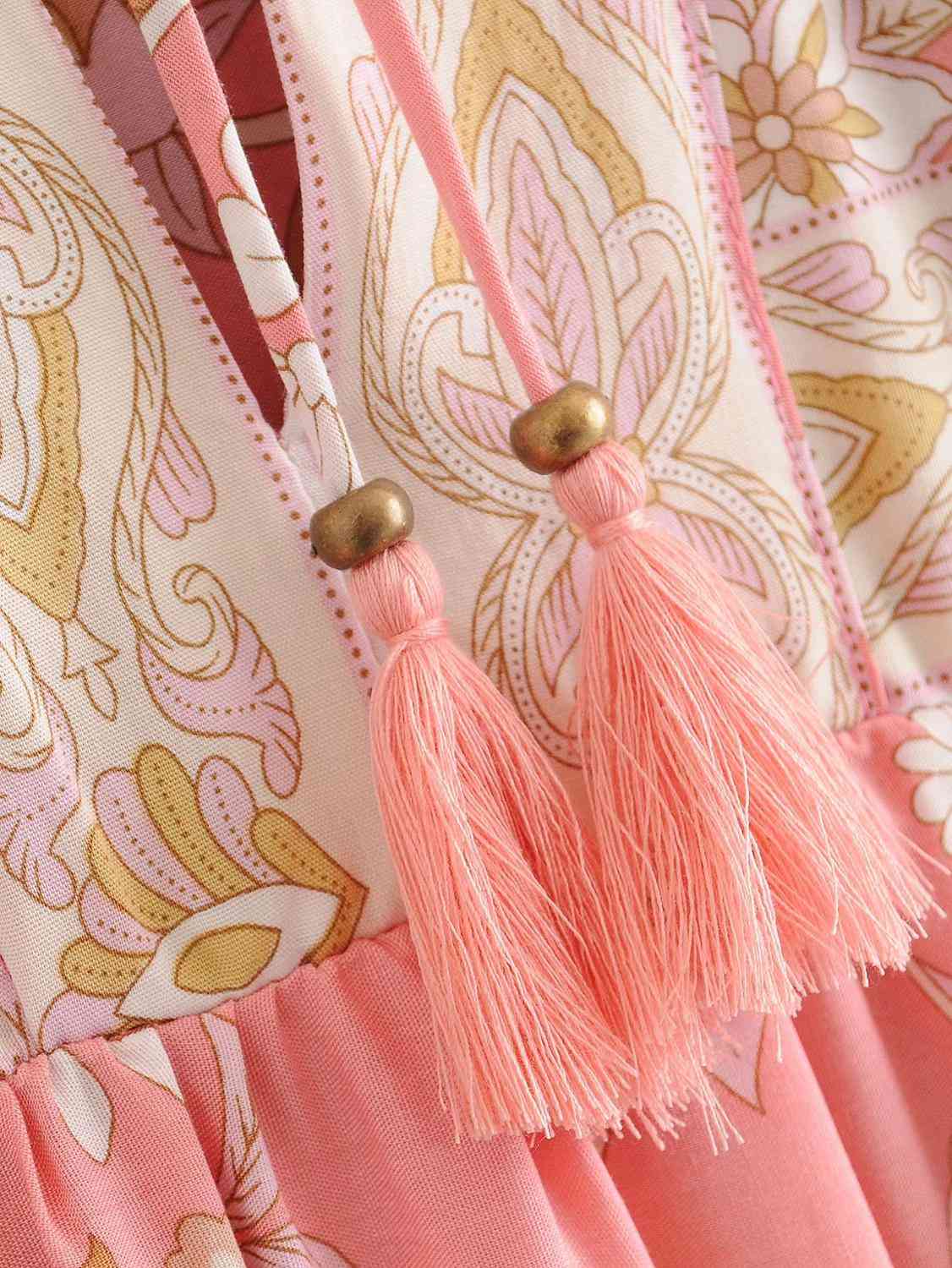 BOHO Lacing up V neck Location Pteris flower Print Long Dress Pink Ethnic WomanTassel Strappy Sleeve Holiday Dresses Beach 210429