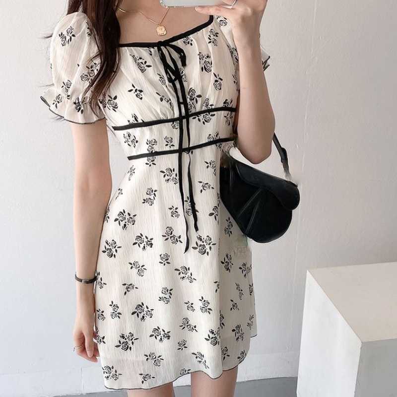 Vintage Floral Woman Dress Bow Tie Square Collar Puff Sleeve Dresses Summer Slim Waist Mini A-line Vestidos 6J864 210603