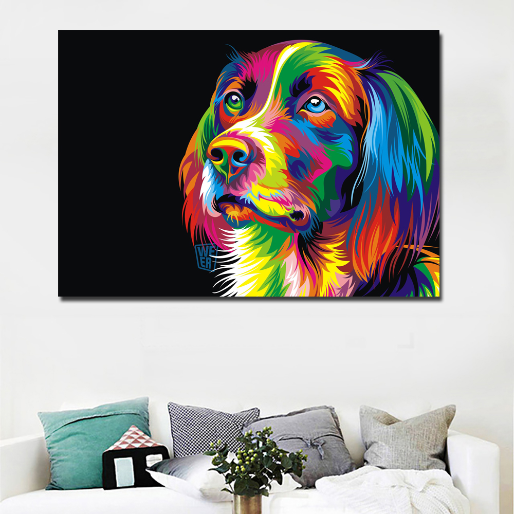 Animal Dog Canvas Printed Painting Modern Funny Thinking Dog Colorful Animal Painting Wall Art for Living Room Decor
