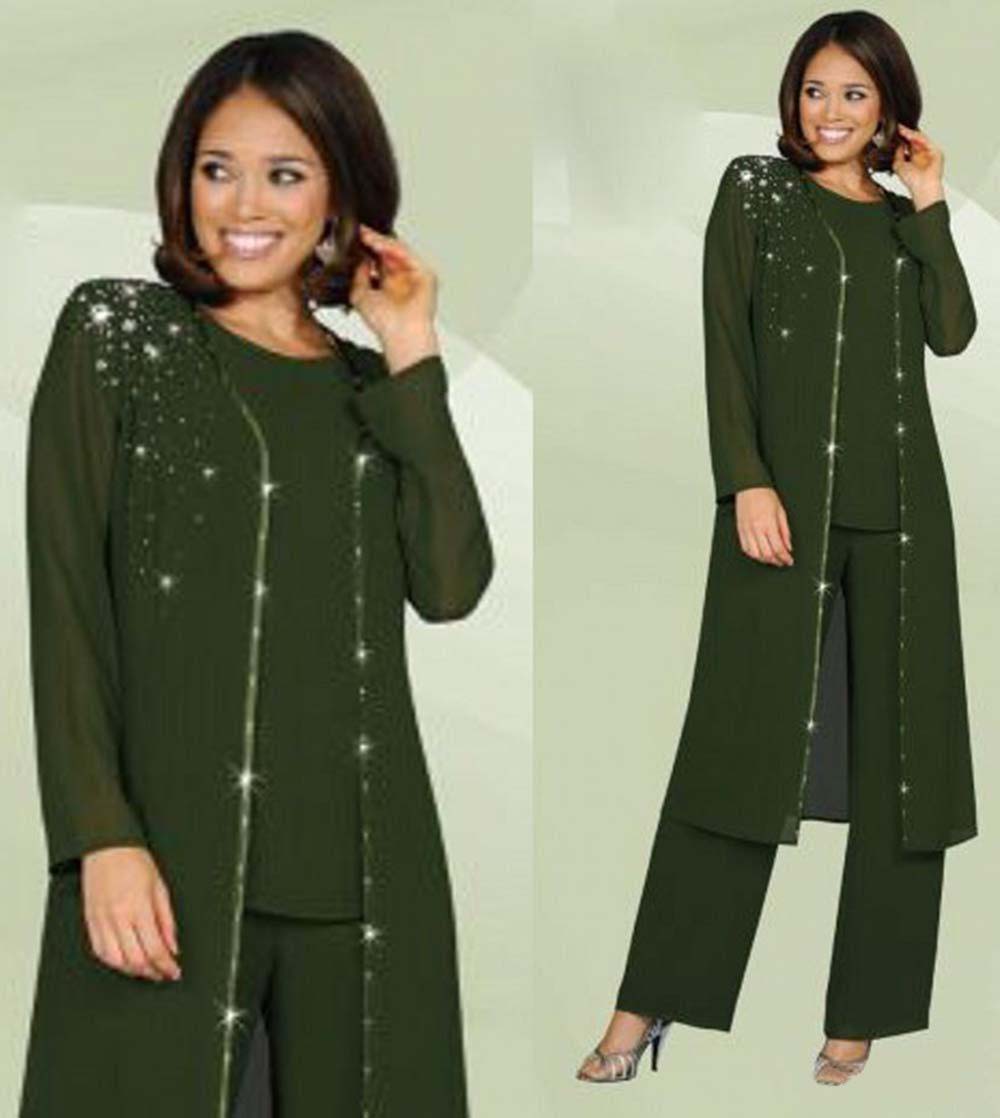 Mother Bride Pant Suits Women 3 pieces elegant crystal decoration chiffon mother of the bride dress pants suit with jacket outfit for wedding groom