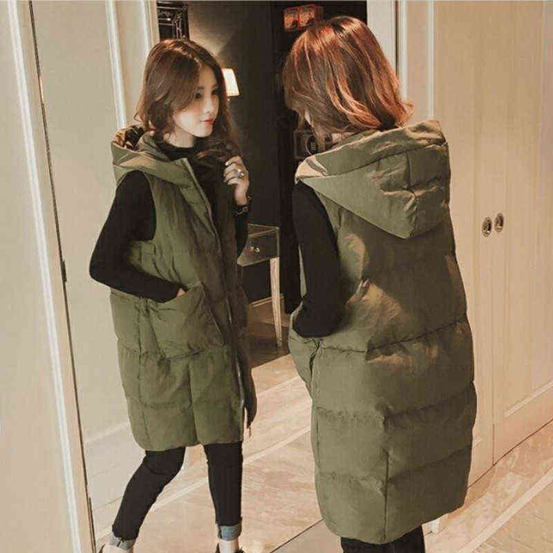 Cotton Vest Women Autumn and Winter Large Size Down Jacket Women's Mid-length Loose Hooded Sleeveless 211120