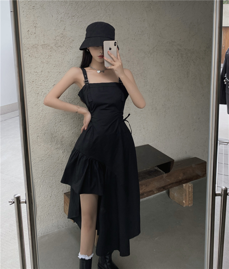 Vintage Fashion Women Streetwear Irregular Sundress Suspenders Casual Black Bandage Dress Sleeveless Slim 210519