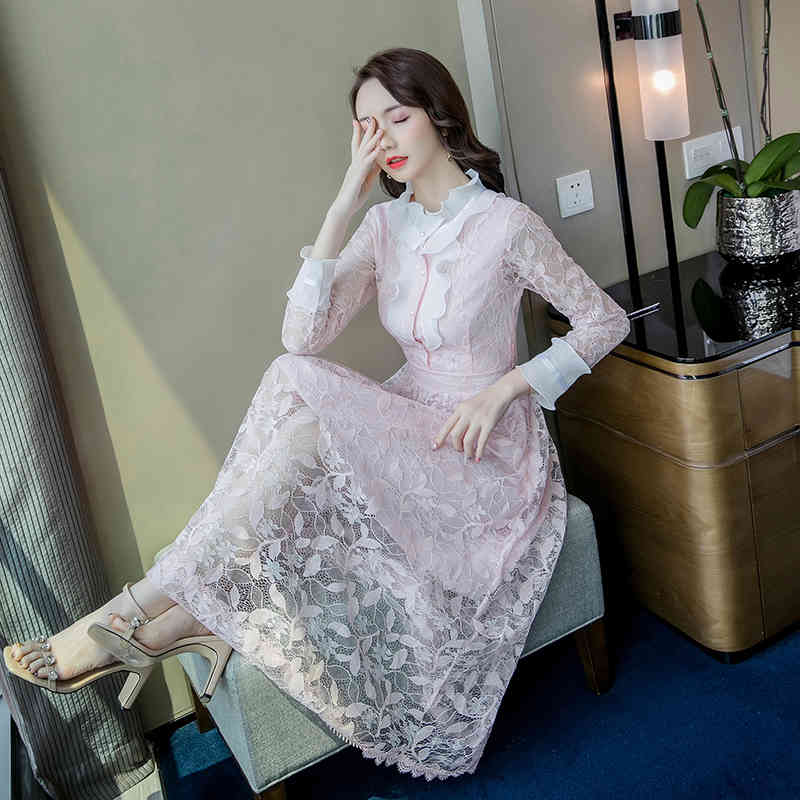 Spring Lace Dress Long Sleeve Up Vintage Midi High Waist A Line Floral Women Clothing Robe Femme 13425 210508